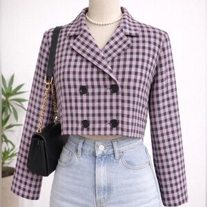 Forever 21 Women's Pink Gingham Blazer Jacket Size Medium Cropped + Fitted